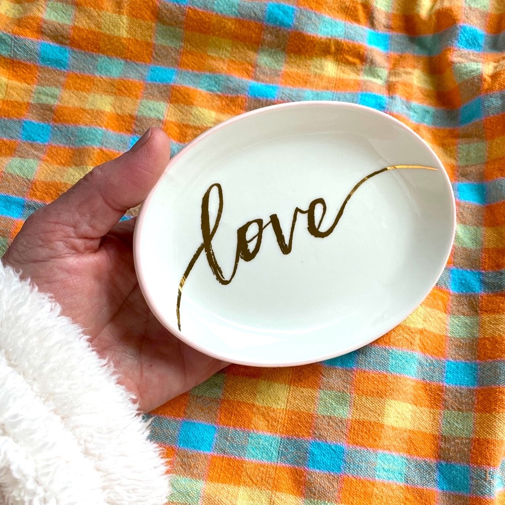 Trinket dish with word LOVE written in gold